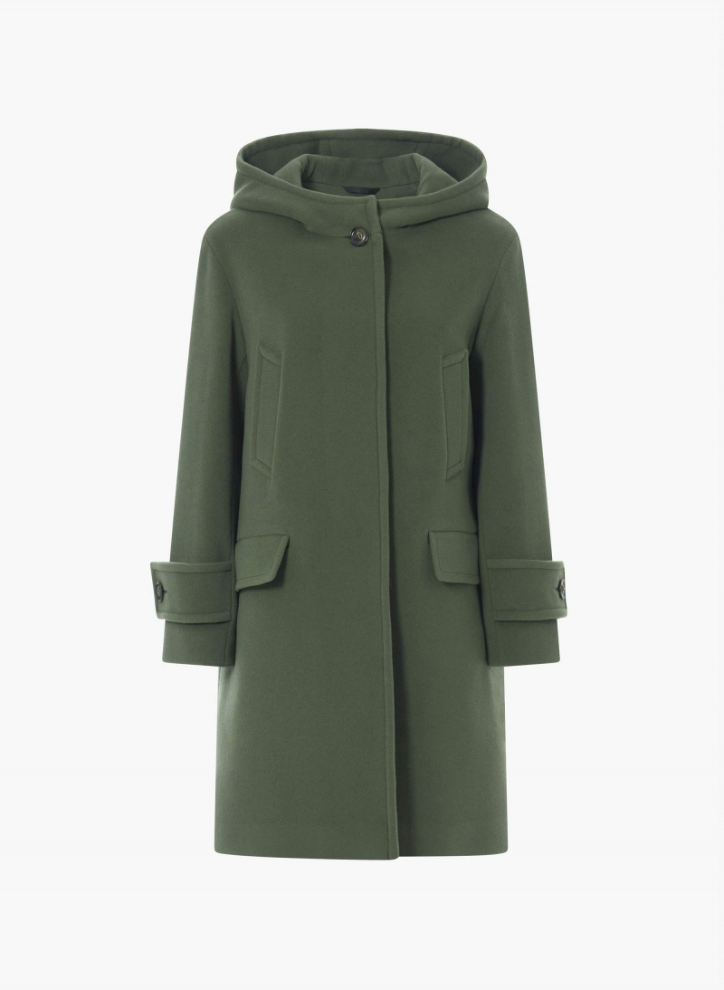 Hooded military green wool and cashmere parka with double pockets