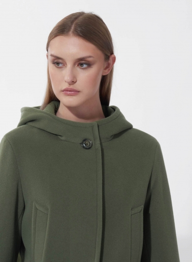 Hooded military green wool and cashmere parka with double pockets