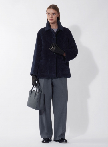 Short blue wool and alpaca coat with shirt collar and patch pockets