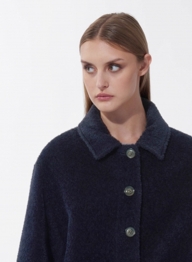 Short blue wool and alpaca coat with shirt collar and patch pockets