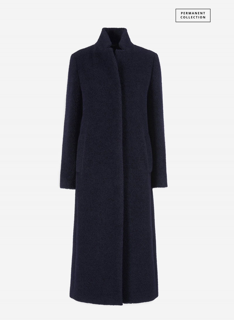 Maxi blue wool and alpaca coat with inverted notch collar