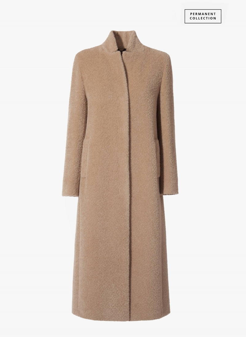 Maxi dark beige wool and alpaca coat with inverted notch collar