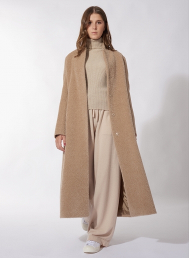 Maxi dark beige wool and alpaca coat with inverted notch collar