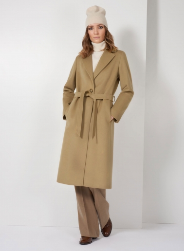 Belted fitted camel pure cashmere coat