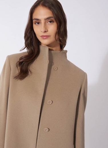 Dark beige wool and cashmere coat with high stand up collar