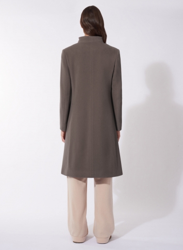 Dark taupe wool and cashmere coat with high stand up collar