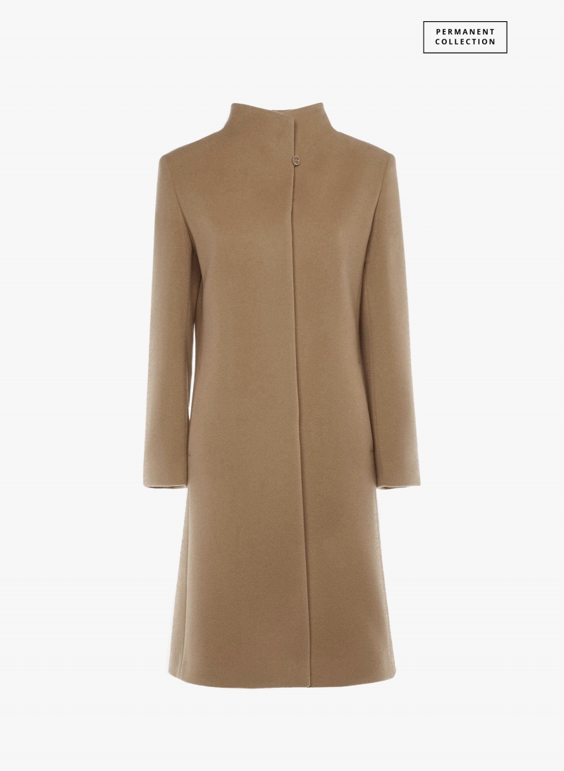 Dark camel wool and cashmere coat with high stand up collar
