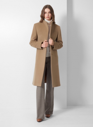Dark camel wool and cashmere coat with high stand up collar
