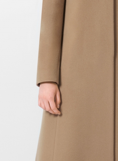 Dark camel wool and cashmere coat with high stand up collar