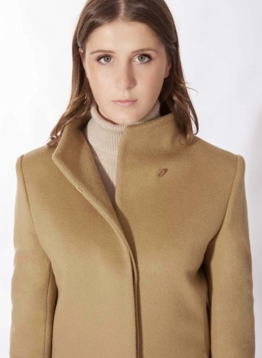 Camel pure cashmere coat with high stand up collar