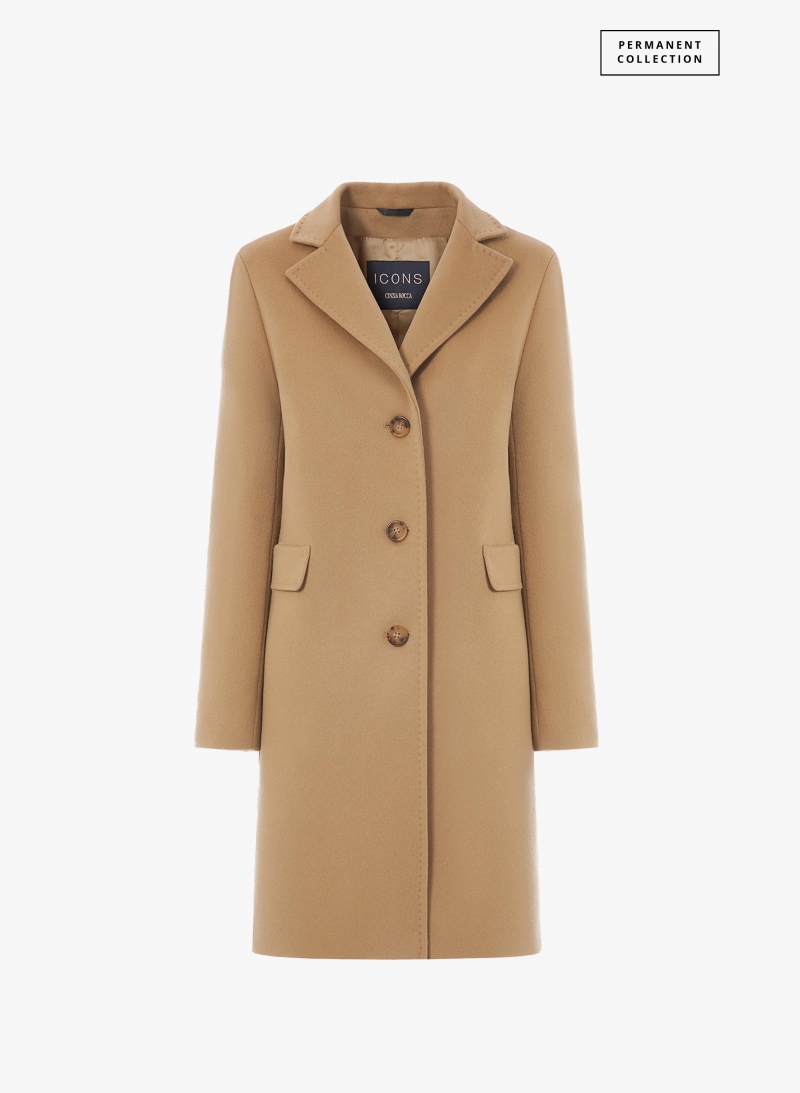 Straight light camel wool and cashmere coat with masculine cut