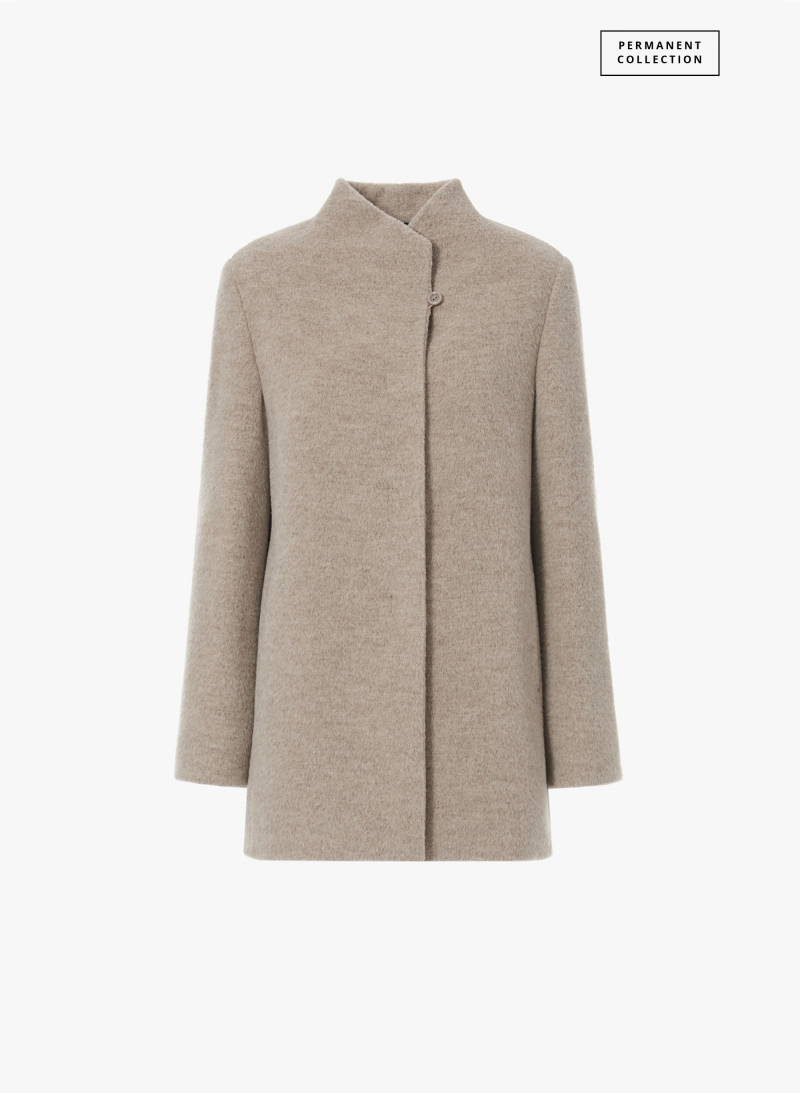 Short beige wool and alpaca coat with high stand up collar