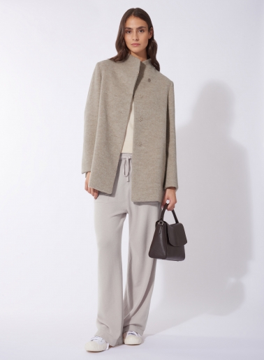 Short beige wool and alpaca coat with high stand up collar