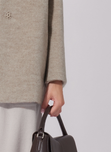 Short beige wool and alpaca coat with high stand up collar