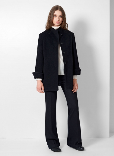 Short black wool and cashmere coat with high stand up collar