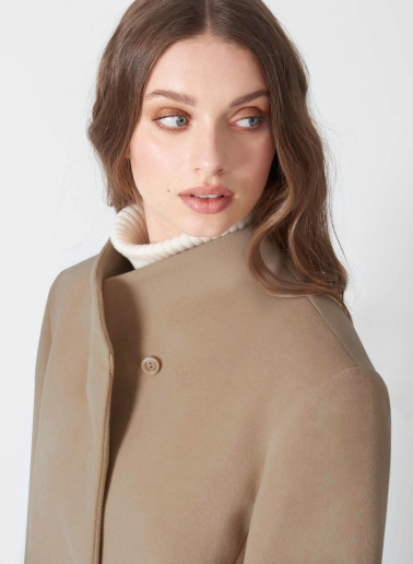 Short light camel wool and cashmere coat with high stand up collar