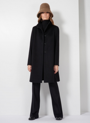 Flared black pure cashmere coat with high stand up collar