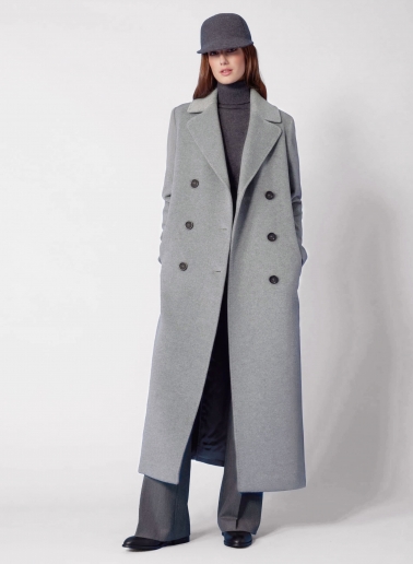 Maxi 6 buttons double breasted light grey wool and cashmere coat
