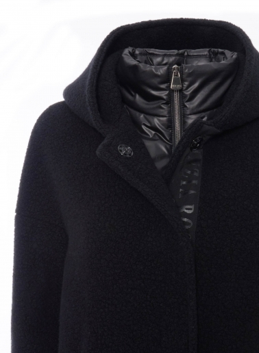Short black wool parka with detachable nylon bib