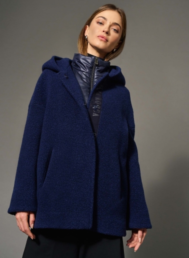 Short navy blue wool parka with detachable nylon bib