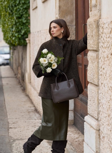 Brown wool and alpaca short coat with knitted cuffs
