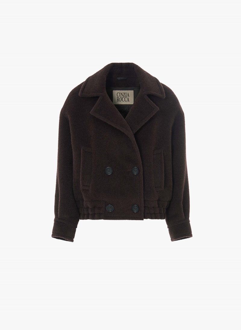 Brown double breasted alpaca and wool bomber jacket with padding