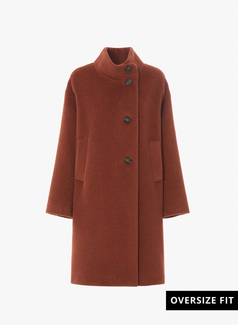 Terracotta colour alpaca and wool coat with high asymmetrical collar