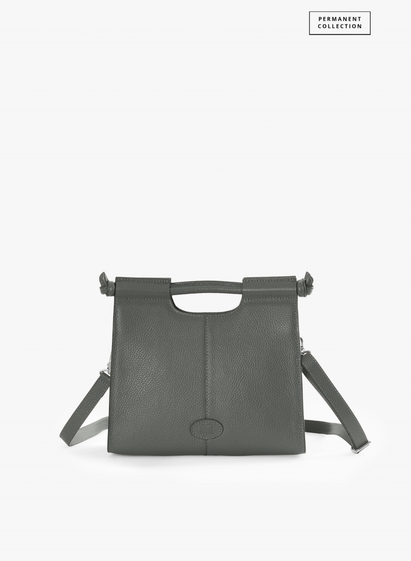 Grey leather handbag with strap