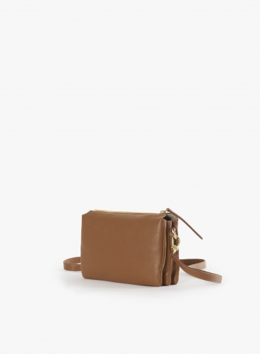 Tobacco color genuine leather crossbody bag with three compartments