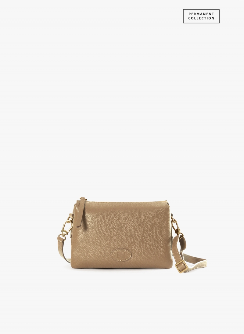 Light camel genuine leather crossbody bag with three compartments