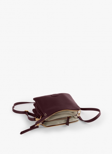 Burgundy genuine leather crossbody bag with three compartments