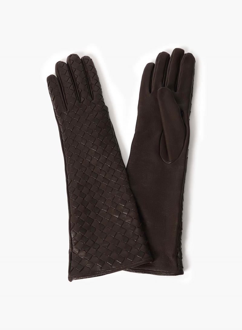 Long brown nappa leather gloves with woven design