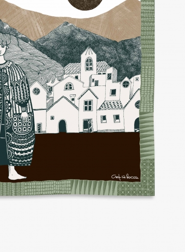 Small green twill silk scarf with woman and a landscape
