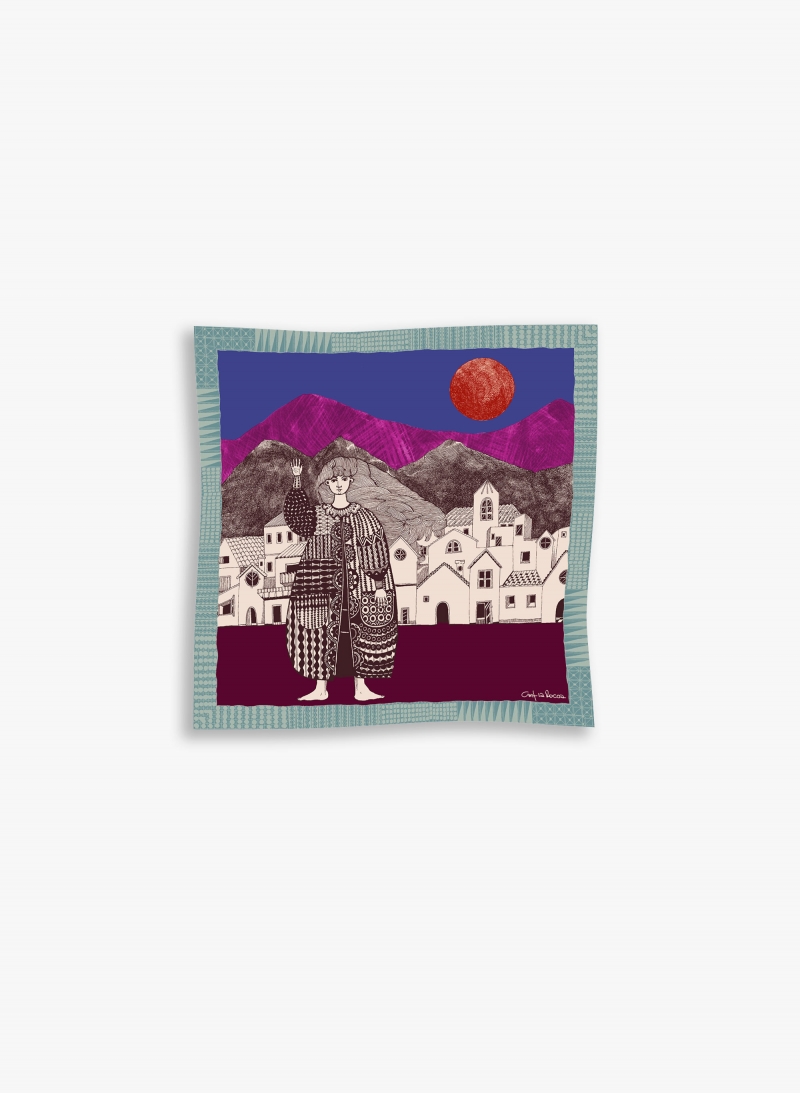Small burgundy twill silk scarf with woman and a landscape