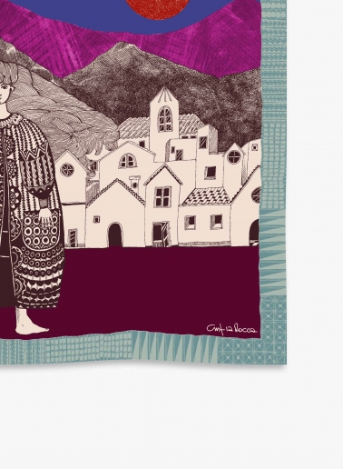 Small burgundy twill silk scarf with woman and a landscape