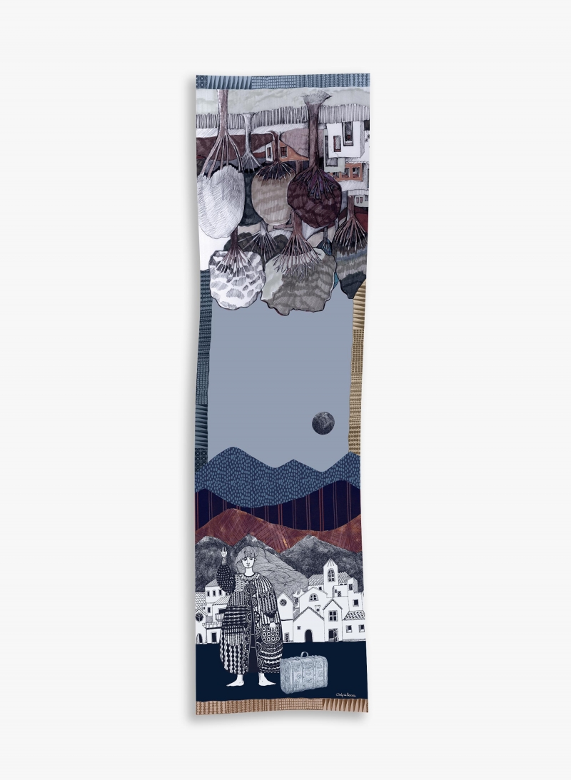Blue twill silk scarf with woman and a landscape