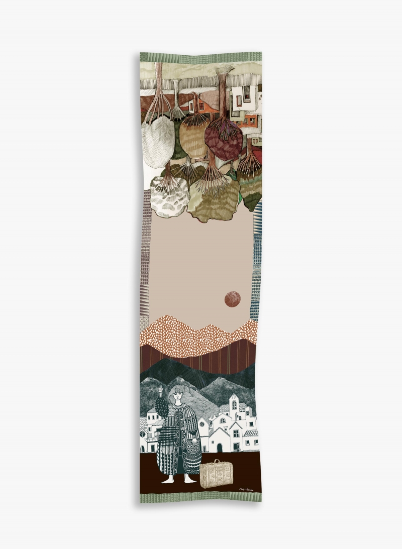 Beige twill silk scarf with woman and a landscape