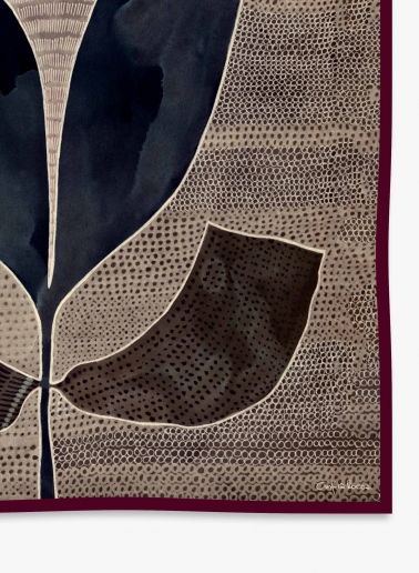 Beige twill silk scarf with stylized plant pattern