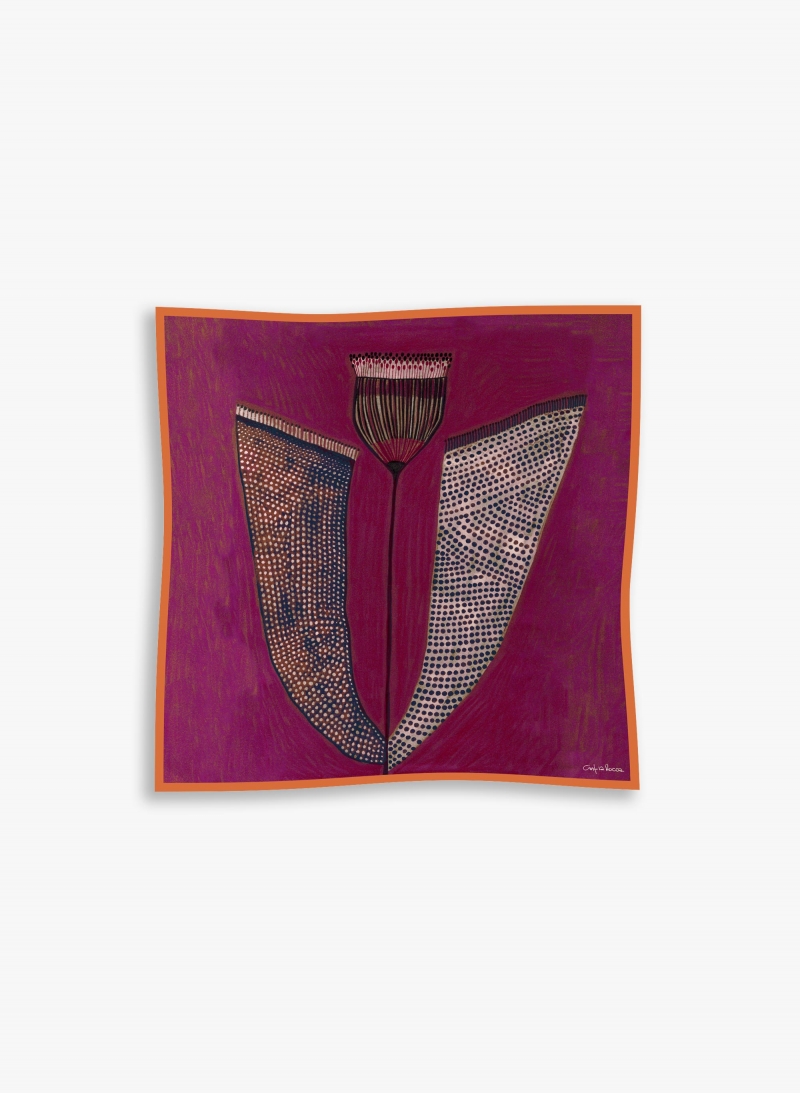 Burgundy twill silk scarf with stylized plant pattern