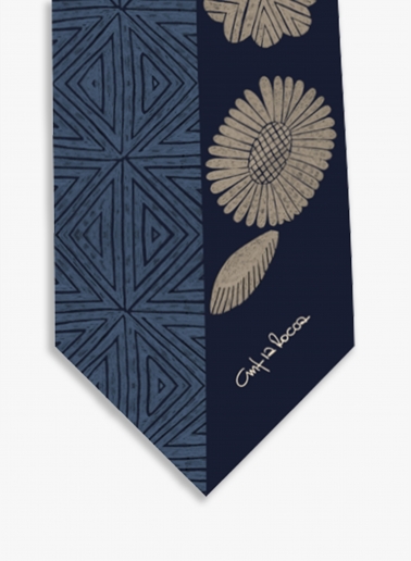 Blue twill silk headband with geometric pattern and leaves