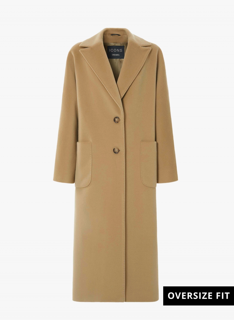 Maxi oversized camel wool coat with patch pockets