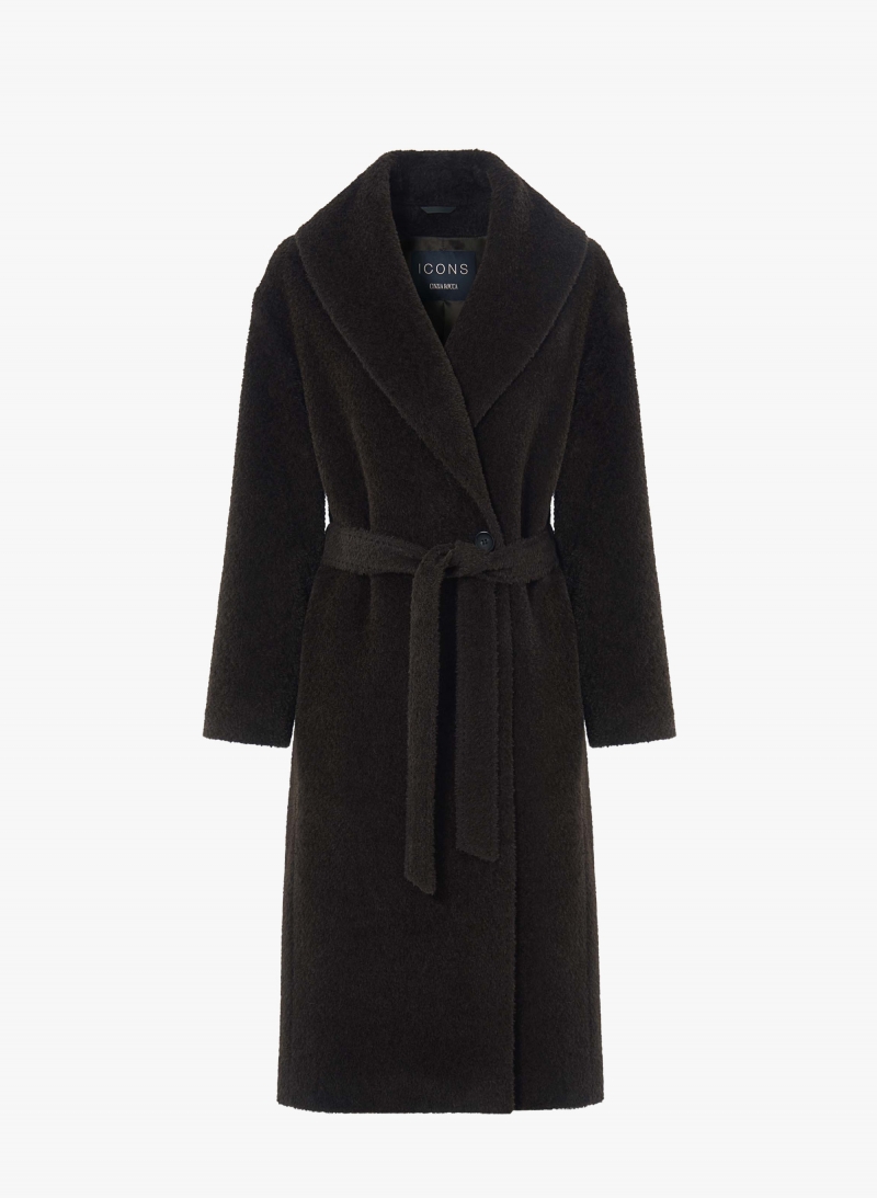 Maxi brown alpaca and wool coat with belt and shawl collar