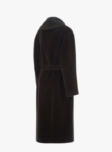 Maxi brown alpaca and wool coat with belt and shawl collar