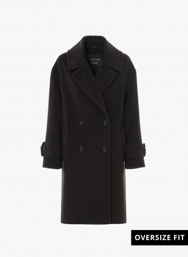 Brown double breasted pure wool coat with maxi notch collar
