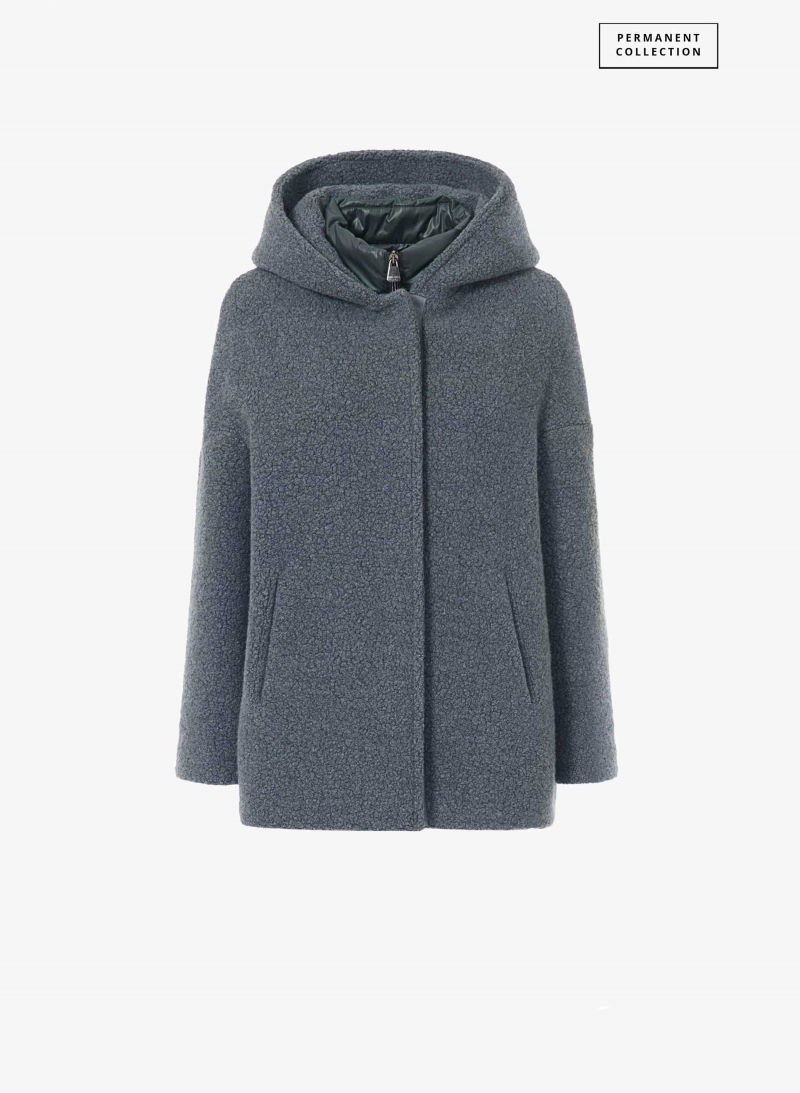 Short grey wool parka with detachable nylon bib