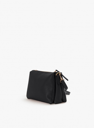 Black genuine leather crossbody big bag with three compartments
