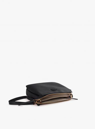 Black genuine leather crossbody big bag with three compartments