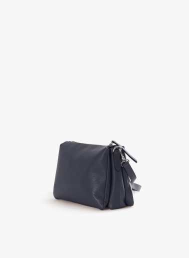 Blue genuine leather crossbody big bag with three compartments