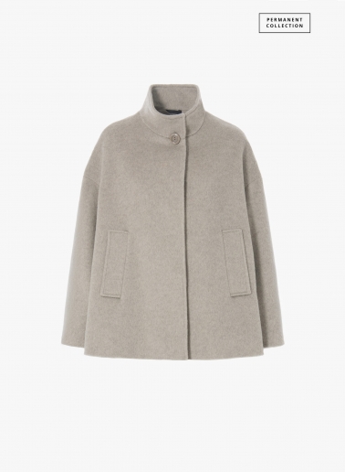 Short flared beige wool coat with high collar