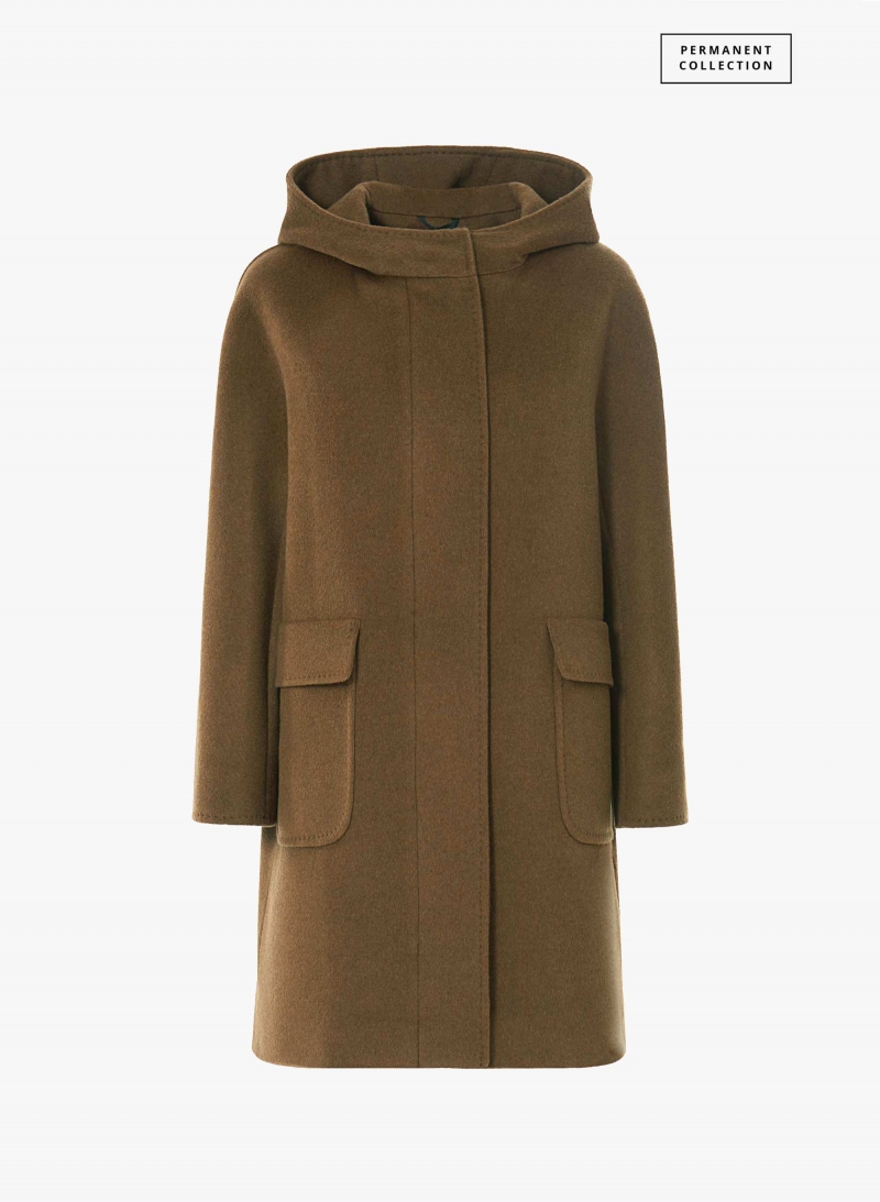 Tobacco colour pure wool hooded parka with patch pockets